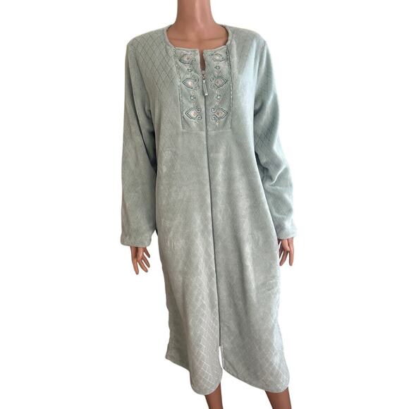 Oscar de la Renta Robe Womens Sz S/M Mist Green Soft Plush Long Full Zip Pockets - Picture 1 of 10